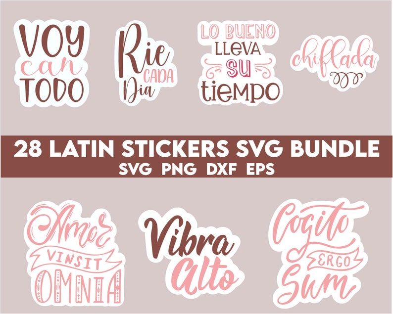 May include: A set of 28 Latin phrase stickers in a variety of colors and styles. The stickers feature phrases such as "Voy a can todo", "Rie cada dia", "Lo bueno lleva su tiempo", "chiflada", "Amor vincit omnia", "Vibra alto", and "Cogito ergo sum".
