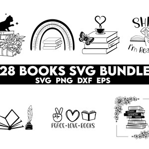 May include: A set of 28 black and white book-themed SVG designs. The designs include a cat sitting on a stack of books, a rainbow with books, a stack of books with a coffee cup and a heart, a book with the text "SHHH I'm Reading", a book with a quill and inkwell, a peace sign, a heart, and a book with the text "PEACE-LOVE-BOOKS", and a stack of books with flowers.