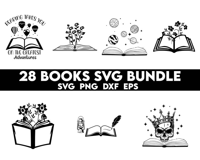 May include: A set of 28 black and white SVG files featuring various book designs. The designs include books with flowers, planets, hot air balloons, a skull with a crown, and a quill pen. The text "READING TAKES YOU ON THE GREATEST ADVENTURES" is included in one of the designs. The text "28 BOOKS SVG BUNDLE SVG PNG DXF EPS" is also included.