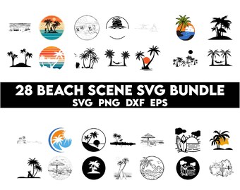 Scena na plaży svg bundle, Życie na plaży svg, Palma na wyspie svg, Tropikalna wyspa svg, Zachód słońca na plaży svg, Natychmiastowe pobieranie