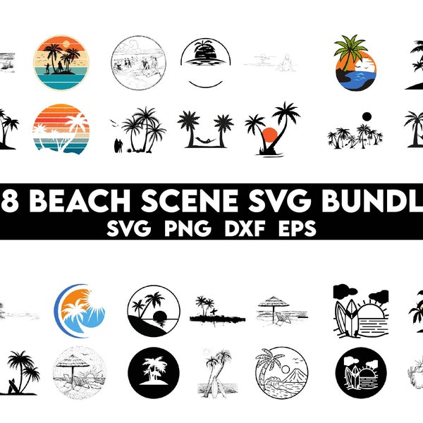 Beach scene svg bundle, Beach life svg, Island palm tree svg, Tropical island svg, Sunset beach svg, Instant Download