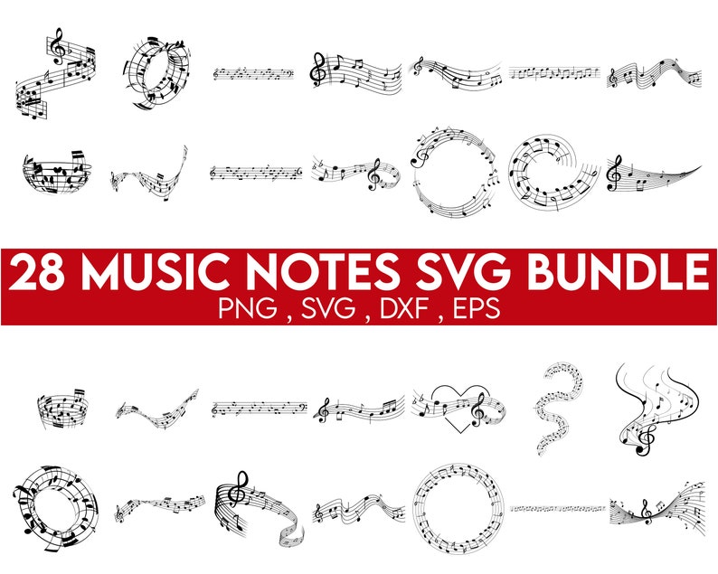以下が含まれることがあります： 白黒の音楽記号のSVGデザイン28個セット。記号は円形、渦巻き、波など、さまざまな形とパターンで配置されています。画像の上部には赤い文字で「28 MUSIC NOTES SVG BUNDLE PNG, SVG, DXF, EPS」と表示されています。