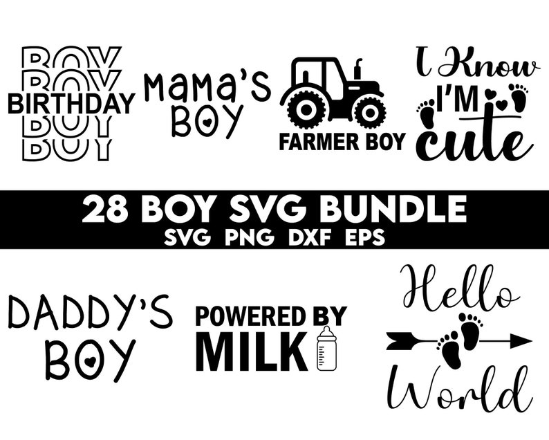 Op de afbeelding: Een set van 28 zwart-witte SVG-bestanden voor knutselprojecten. De ontwerpen bevatten zinnen zoals "Mama's Boy", "Daddy's Boy", "Farmer Boy", "Powered by Milk" en "Hello World".