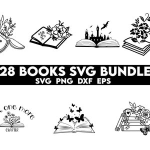 May include: A set of 28 black and white book SVG designs. The designs feature various book illustrations with flowers, butterflies, castles, and the text "Just one more chapter".