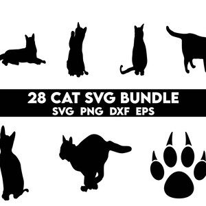 May include: A set of 28 black and white cat SVG files. The files include various cat poses, including sitting, standing, and lying down. The set also includes a paw print.