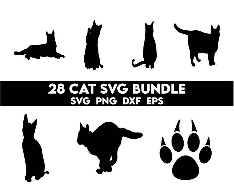 May include: A set of 28 black and white cat SVG files. The files include various cat poses, including sitting, standing, and lying down. The set also includes a paw print.