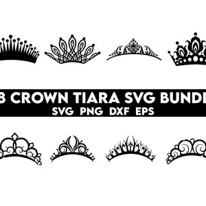 May include: A set of 28 black and white crown tiara SVG designs. The designs are in a variety of styles, including simple, ornate, and whimsical.  28 CROWN TIARA SVG BUNDLE SVG PNG DXF EPS