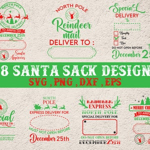 May include: A set of 28 digital designs for Santa sacks, featuring various Christmas themes. The designs include text such as "Special Delivery", "Reindeer Mail", and "North Pole Express". The designs are available in SVG, PNG, DXF, and EPS formats.