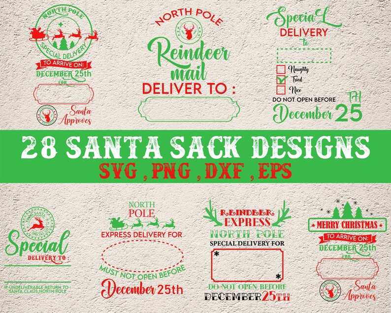 May include: A set of 28 digital designs for Santa sacks, featuring various Christmas themes. The designs include text such as "Special Delivery", "Reindeer Mail", and "North Pole Express". The designs are available in SVG, PNG, DXF, and EPS formats.