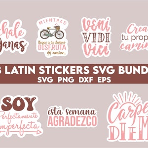 May include: A set of 28 Latin phrase stickers in a pink and brown color scheme. The stickers feature phrases like "Echale Ganas", "veni vidi vici", "Crea tu propio camino", "Soy Perfectamente Imperfecta", "esta semana agradezco", and "Carpe Diem".