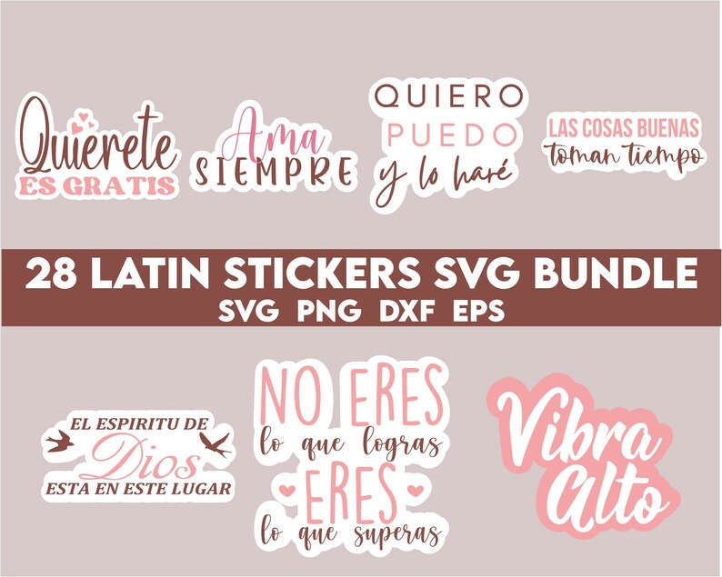 May include: A set of 28 Latin-themed stickers in a bundle. The stickers feature various phrases in Spanish, including "Quierete es gratis", "Ama siempre", "Quiero puedo y lo har&eacute;", "Las cosas buenas toman tiempo", "El espiritu de Dios esta en este lugar", "No eres lo que logras eres lo que superas", and "Vibra alto".