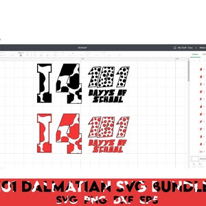 Op de afbeelding: Twee ontwerpen voor een SVG-bestand met het thema 101 Dalmati&euml;rs. Het eerste ontwerp is zwart-wit met de cijfers 14 en de tekst "Days of School". Het tweede ontwerp is rood-wit met de cijfers 14 en de tekst "Days of School".