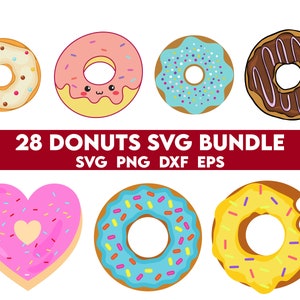 May include: A set of 28 colorful donut SVG files. The donuts are in various shapes and designs, including a heart-shaped donut, a donut with sprinkles, and a donut with chocolate frosting. The text "28 DONUTS SVG BUNDLE" is displayed in red letters above the donuts. The text "SVG PNG DXF EPS" is displayed in black letters below the donuts.
