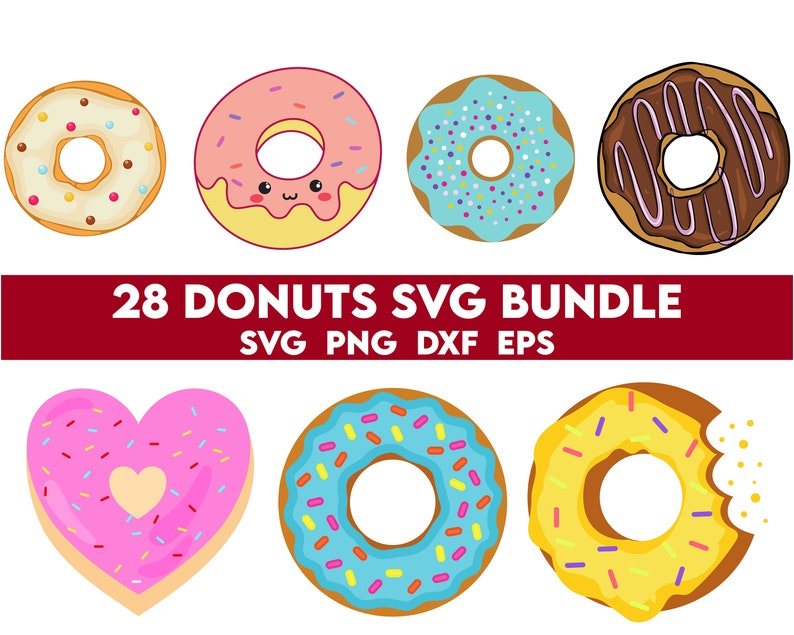 May include: A set of 28 colorful donut SVG files. The donuts are in various shapes and designs, including a heart-shaped donut, a donut with sprinkles, and a donut with chocolate frosting. The text "28 DONUTS SVG BUNDLE" is displayed in red letters above the donuts. The text "SVG PNG DXF EPS" is displayed in black letters below the donuts.