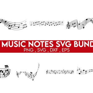 以下が含まれることがあります： デジタルダウンロード用の28個の音楽記号SVGファイルのセット。画像は、単一の記号、五線譜、流れるような記号のラインなど、さまざまな音楽記号のデザインを示しています。テキスト「28 MUSIC NOTES SVG BUNDLE PNG, SVG, DXF, EPS」は赤色で表示されています。