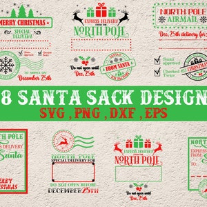 May include: A set of 28 printable designs for Santa sacks. The designs feature a variety of Christmas themes, including "Merry Christmas", "North Pole", "Express Delivery", and "From Santa". The designs are in green, red, and white.