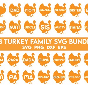 May include: An orange SVG bundle featuring 28 turkey silhouettes with family-related words like "Dad," "Mom," and "Grandpa." The text "28 TURKEY FAMILY SVG BUNDLE" is displayed in the center, along with file type abbreviations.