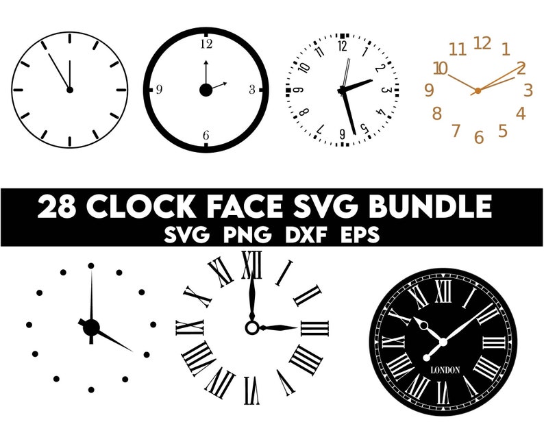 May include: A set of 28 clock face SVG files for crafting and design projects. The image shows a variety of clock faces with different styles, including Roman numeral and standard number markings. The text "28 CLOCK FACE SVG BUNDLE" and "SVG PNG DXF EPS" is displayed below the clock faces.