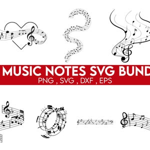 以下が含まれることがあります： 白黒の音楽記号のSVGファイル28個セット。記号は、ハート型、流れるような線、円など、さまざまなデザインで配置されています。画像の上部には、赤い文字で「28 MUSIC NOTES SVG BUNDLE PNG, SVG, DXF, EPS」と表示されています。