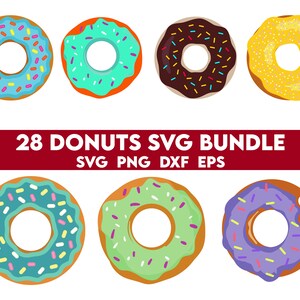 May include: A set of 28 donut SVG files for digital download. The donuts are in various colors and designs, including blue, green, purple, yellow, and brown. The donuts have sprinkles and frosting.