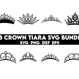 May include: A set of 28 black and white crown tiara SVG designs. The designs are in a variety of styles, including simple, ornate, and whimsical. 28 CROWN TIARA SVG BUNDLE SVG PNG DXF EPS