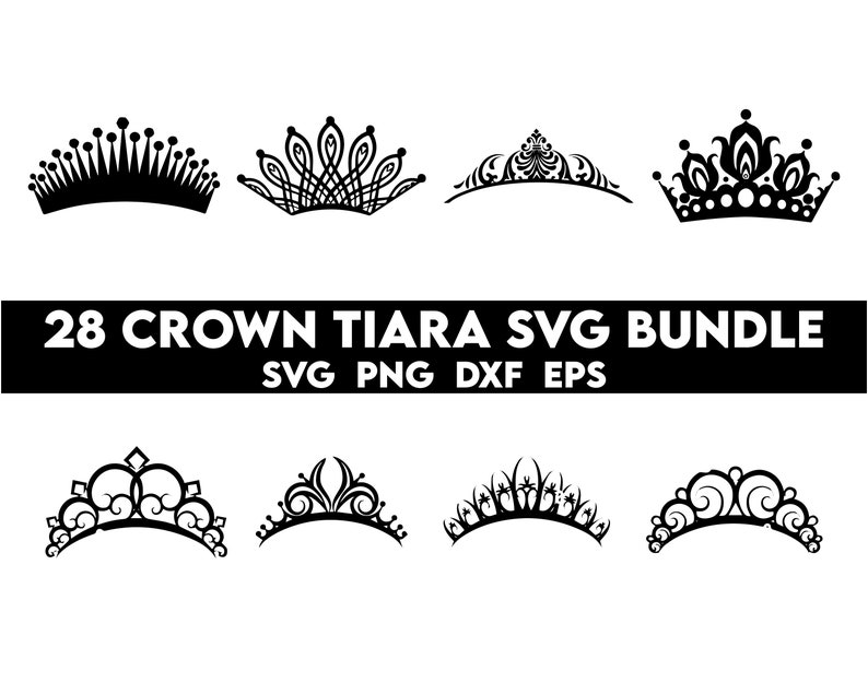 May include: A set of 28 black and white crown tiara SVG designs. The designs are in a variety of styles, including simple, ornate, and whimsical. 28 CROWN TIARA SVG BUNDLE SVG PNG DXF EPS