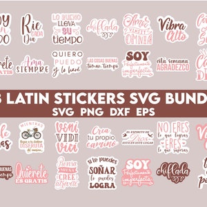 May include: A set of 28 pink and brown Latin phrase stickers. The stickers feature phrases like "Voy con todo", "Quierete es gratis", "Ama siempre", "Lo bueno lleva su tiempo", "Soy perfectamente imperfecta", "Echale ganas", "Las cosas buenas toman tiempo", "Quierete es gratis", "Veni vidi vici", "Crea tu propio camino", "Si lo puedes so&ntilde;ar lo puedes lograr", "No eres lo que logras, eres lo que superas", "Vibra alto", "Todo es posible", "Cogito ergo sum", "Carpe diem", "Mientras llegas a tu destino disfruta del camino", "Pienso, suena, cree, atrevete", "El espiritu de Dios esta en este lugar", "Chillada", and more. The stickers are perfect for adding a touch of Latin flair to your planner, laptop, water bottle, or other belongings.