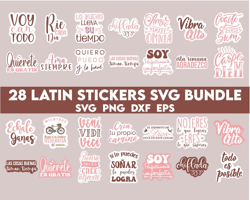 May include: A set of 28 pink and brown Latin phrase stickers. The stickers feature phrases like "Voy con todo", "Quierete es gratis", "Ama siempre", "Lo bueno lleva su tiempo", "Soy perfectamente imperfecta", "Echale ganas", "Las cosas buenas toman tiempo", "Quierete es gratis", "Veni vidi vici", "Crea tu propio camino", "Si lo puedes so&ntilde;ar lo puedes lograr", "No eres lo que logras, eres lo que superas", "Vibra alto", "Todo es posible", "Cogito ergo sum", "Carpe diem", "Mientras llegas a tu destino disfruta del camino", "Pienso, suena, cree, atrevete", "El espiritu de Dios esta en este lugar", "Chillada", and more. The stickers are perfect for adding a touch of Latin flair to your planner, laptop, water bottle, or other belongings.