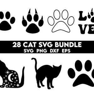 May include: A set of 28 black and white cat SVG files. The images include paw prints, a cat silhouette, and the word "LOVE" with a paw print. The text "28 CAT SVG BUNDLE SVG PNG DXF EPS" is also included.