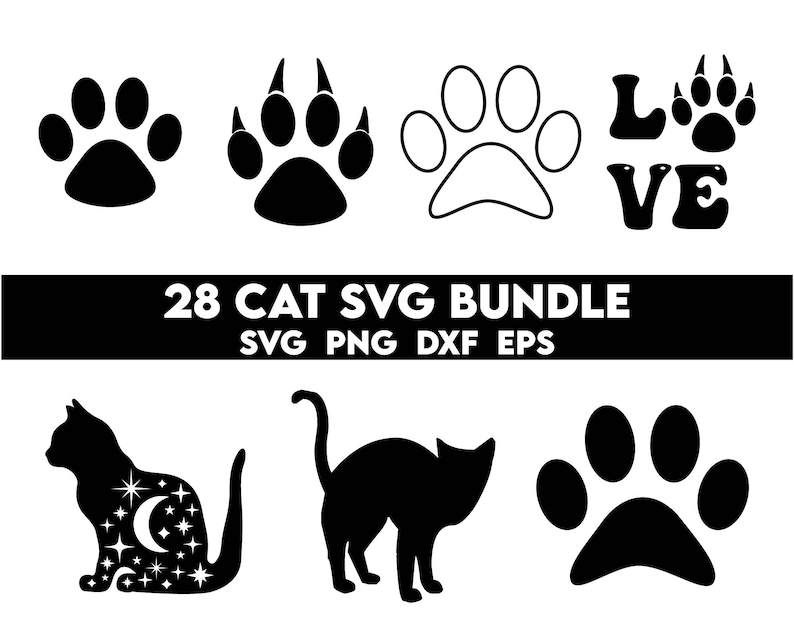 May include: A set of 28 black and white cat SVG files. The images include paw prints, a cat silhouette, and the word "LOVE" with a paw print. The text "28 CAT SVG BUNDLE SVG PNG DXF EPS" is also included.