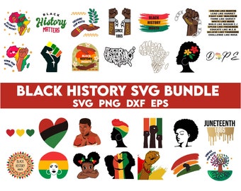 May include: A digital download bundle of Black History Month SVG, PNG, DXF, and EPS files. The bundle includes various designs featuring Black History Month themes, such as fists raised in the air, hearts with the colors of the Pan-African flag, and a tree with roots. The text "Black History Matters" and "Juneteenth 1865" are also included.