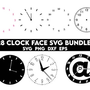 May include: A set of 28 black and white clock face SVG designs. The designs include various clock faces with numbers, hands, and a unique design with an "@" symbol.