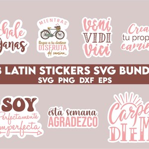 May include: A set of 28 Latin phrase stickers in a pink and brown color scheme. The stickers feature phrases like "Echale Ganas", "veni vidi vici", "Crea tu propio camino", "Soy Perfectamente Imperfecta", "esta semana agradezco", and "Carpe Diem".
