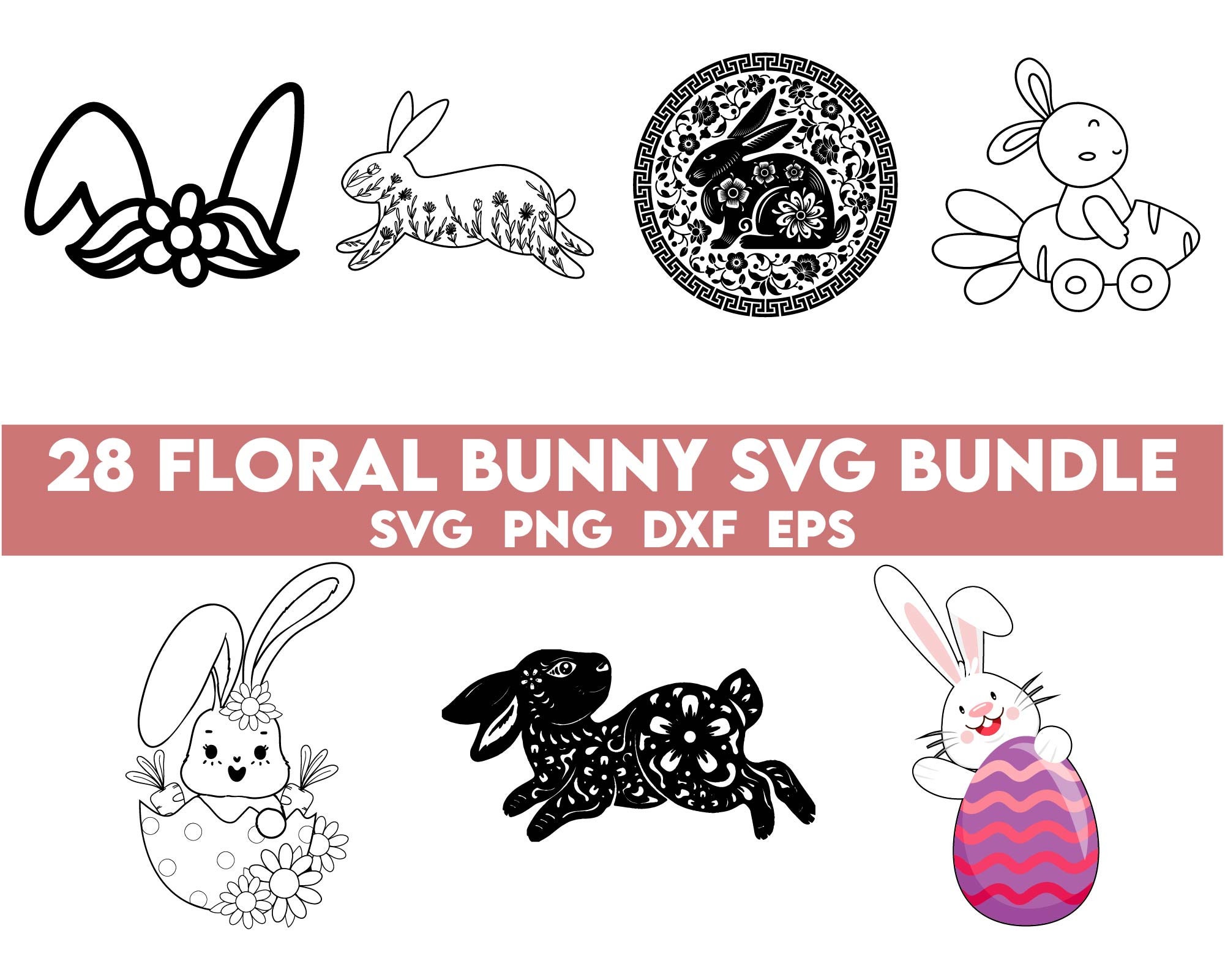 Floral Bunny SVG Bundle, Happy Easter Svg, Bunny Face Svg, Easter Svg ...