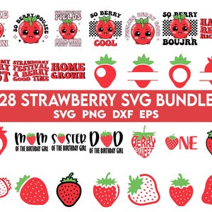 Può includere: Un set di 28 file SVG digitali con illustrazioni di fragole e design di testo. I design includono fragole con facce, fragole con testo come "So Berry Cool" e "Home Grown", e fragole con testo per compleanni come "Mamma della bambina del compleanno".