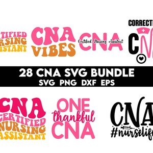 May include: A set of 28 digital cut files for crafting and design. The files include various designs featuring the text "CNA" with different phrases and styles. The designs are in pink, orange, and black.
