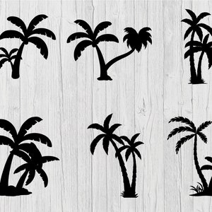 Puede incluir: Ilustraciones de siluetas negras de palmeras sobre un fondo de vetas de madera blancas. Los dise&ntilde;os incluyen &aacute;rboles individuales y m&uacute;ltiples, con diferentes formas de tronco y estilos de frondas. Ideal para proyectos de tem&aacute;tica tropical o playera.