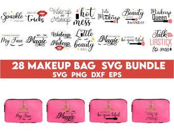 May include: A set of 28 makeup bag SVG designs. The designs feature various makeup-themed phrases and illustrations, including "Sparkle Every Day", "Bag of Tricks", "Wake Up and Makeup", "Hot Mess", "Let's Makeup", "Beauty is My Business", "Makeup Queen", "This Bag Contains My Face", "Little Bag of Magic", "Wake Up & Makeup", "Little Beauty Bag", "Little Bag of Magic", "Always Be You-tiful", "Talk Lipstick to Me".