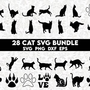 May include: A set of 28 black cat SVG cut files, including paw prints and the word "LOVE". The files are perfect for crafting projects, such as making t-shirts, mugs, and home decor.