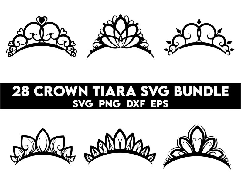 May include: A set of 28 black and white crown tiara SVG designs. The designs are in a variety of styles, including simple, ornate, and whimsical. 28 CROWN TIARA SVG BUNDLE SVG PNG DXF EPS