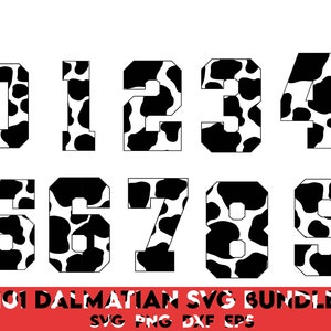 Op de afbeelding: Zwart-witte dalmati&euml;r-vlekkenpatroonnummers 0 tot en met 9. De nummers zijn in een vetgedrukt, bloklettertype. 101 Dalmatian SVG Bundle SVG PNG DXF EPS
