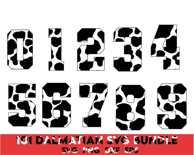 Op de afbeelding: Zwart-witte dalmati&euml;r-vlekkenpatroonnummers 0 tot en met 9. De nummers zijn in een vetgedrukt, bloklettertype. 101 Dalmatian SVG Bundle SVG PNG DXF EPS