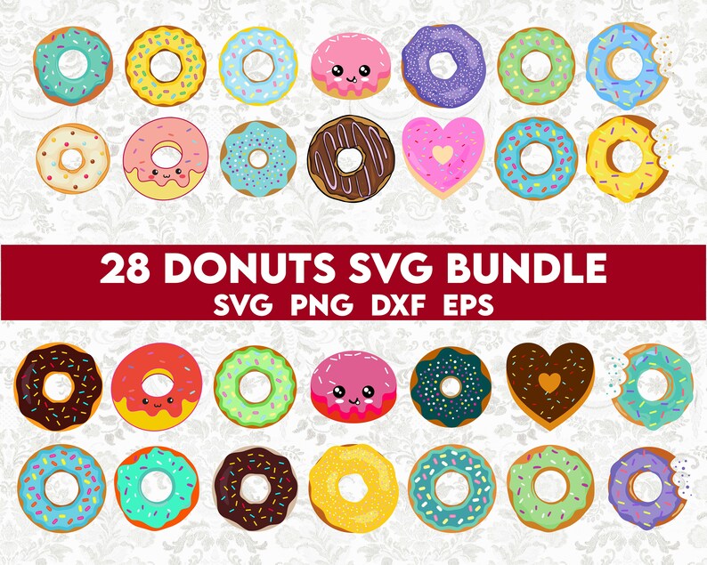 May include: A set of 28 colorful donut SVG files. The donuts are in various shapes, including round, heart, and square. Some donuts have sprinkles, while others have chocolate or vanilla frosting. The donuts are all in a cartoon style.