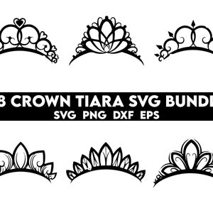 May include: A set of 28 black and white crown tiara SVG designs. The designs are in a variety of styles, including simple, ornate, and whimsical. 28 CROWN TIARA SVG BUNDLE SVG PNG DXF EPS