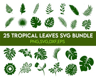 May include: A set of 25 green tropical leaf SVG cut files. The leaves are in various shapes and sizes, including palm leaves, monstera leaves, and fern leaves. The text "25 Tropical Leaves SVG Bundle PNG, SVG, DXF, EPS" is at the top of the image.