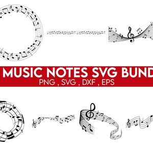 以下が含まれることがあります： デジタルダウンロード用の28個の音楽記号SVGファイルのセット。画像は、音符の円、流れる音符の線、トレブルクレフ付きの音符など、さまざまな音楽記号のデザインを示しています。