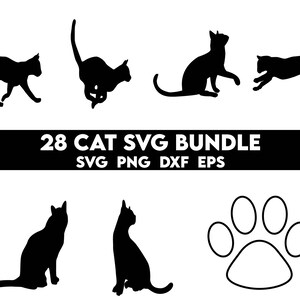 May include: A set of 28 black and white cat silhouette SVG files. The text "28 CAT SVG BUNDLE" is displayed in white on a black background. The text "SVG PNG DXF EPS" is displayed in white on a black background.