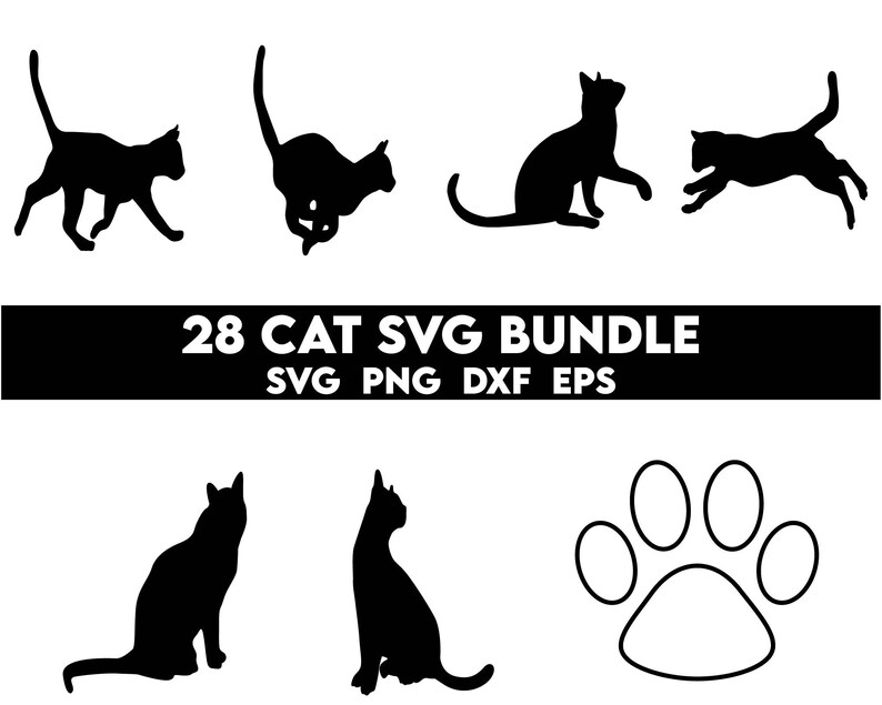May include: A set of 28 black and white cat silhouette SVG files. The text "28 CAT SVG BUNDLE" is displayed in white on a black background. The text "SVG PNG DXF EPS" is displayed in white on a black background.