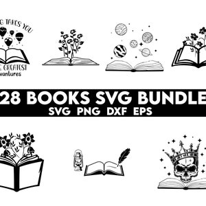 May include: A set of 28 black and white SVG files featuring various book illustrations. The illustrations include books with flowers, planets, hot air balloons, a skull with a crown, and a quill pen. The text "28 BOOKS SVG BUNDLE" and "SVG PNG DXF EPS" is also included in the image.