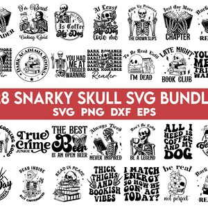 Puede incluir: Un conjunto de 28 dise&ntilde;os SVG en blanco y negro con un cr&aacute;neo con varios juegos de palabras relacionados con los libros. Los dise&ntilde;os incluyen frases como "La mejor cerveza es una cerveza abierta", "Fan&aacute;tico del crimen verdadero", "Estoy aburrido de cocinar", "Muslos gruesos y vibraciones de libros", "Todo lo que necesito es caf&eacute; y mi perro", "Club de lectura nocturno", "Lector de romance oscuro", "Solo un cap&iacute;tulo m&aacute;s", y "Para leer hasta que me muera".